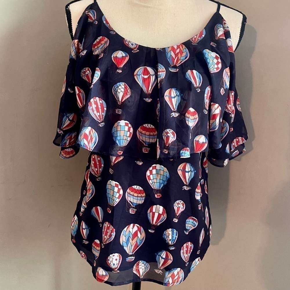 Joy Joy | Navy Cold Shoulder Hot Air Balloon Blouse | XS
